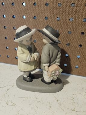 Vintage Cream and Gray Ceramic Children Figurine by Vintage